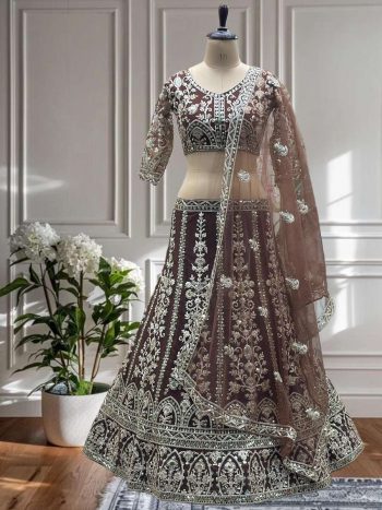 FASHIONABLE NET EMBROIDERY SEQUENCE DESIGN WORK LEHENGA CHOLI WITH DUPATTA BROWN