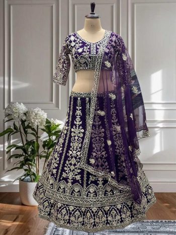 FASHIONABLE NET EMBROIDERY SEQUENCE DESIGN WORK LEHENGA CHOLI WITH DUPATTA PURPLE