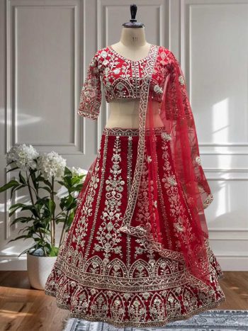 FASHIONABLE NET EMBROIDERY SEQUENCE DESIGN WORK LEHENGA CHOLI WITH DUPATTA RED