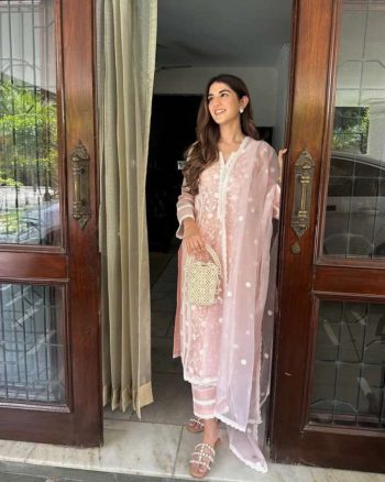 FASHIONABLE ORGANZA CHAIN WORK TOP BOTTOM WITH DUPATTA PEACH