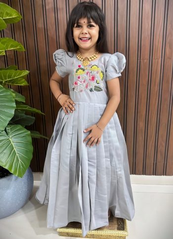 FASHIONABLE ROMAN COTTON SILK HANDWORK WITH MULTI EMBROIDERY WORK KID'S GOWN GREY