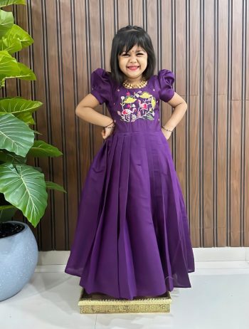 FASHIONABLE ROMAN COTTON SILK HANDWORK WITH MULTI EMBROIDERY WORK KID'S GOWN PURPLE