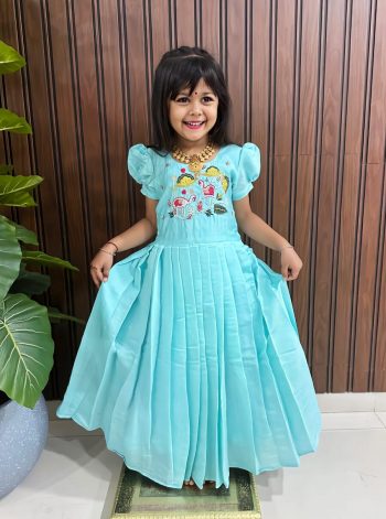 FASHIONABLE ROMAN COTTON SILK HANDWORK WITH MULTI EMBROIDERY WORK KID'S GOWN SKY