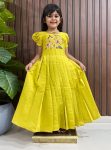 FASHIONABLE ROMAN COTTON SILK HANDWORK WITH MULTI EMBROIDERY WORK KID'S GOWN YELLOW