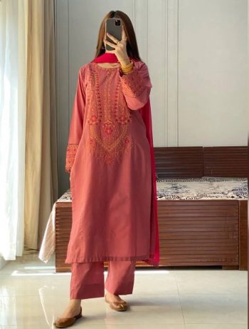 FASHIONABLE ROMAN SILK EMBROIDERY WORK TOP BOTTOM WITH DUPATTA PEACH