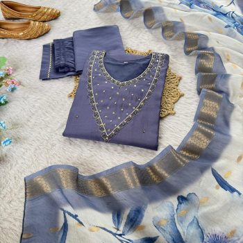 FASHIONABLE ROMAN SILK SOFT HANDWORK TOP BOTTOM WITH DUPATTA GREY