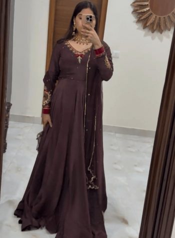 FASHIONABLE SATIN SILK EMBROIDERY SEQUENCE WORK GOWN WITH DUPATTA COFFEE