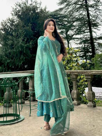 FASHIONABLE SHIMMER SILK EMBROIDERY SEQUENCE WORK ANARKALI DRESS BOTTOM WITH DUPATTA SKY