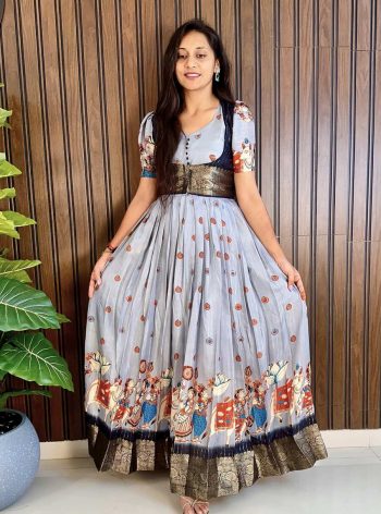 ATTRACTIVE CHINON SILLK DIGITAL PRINT WITH BORDER DESIGN & FANCY LATKAN DORE WORK LEHENGA CHOLI WITH DUPATTA GREY