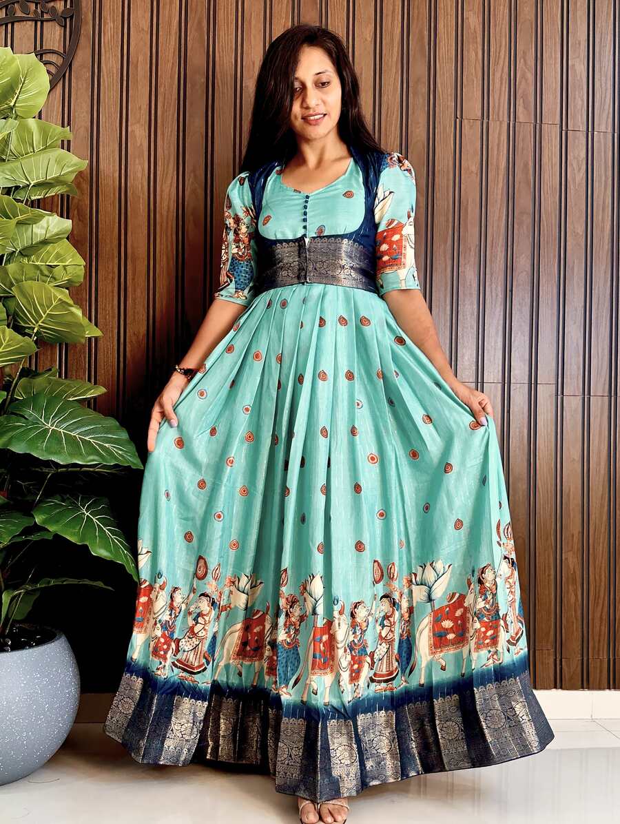 FASHIONABLE SILK DIGITAL PRINT AND JACQUARD HEAVY ZARI WORK GOWN WITH KOTI FESTIVAL WEAR WHOLESALE PRICE ETHNIC GARMENT (2)