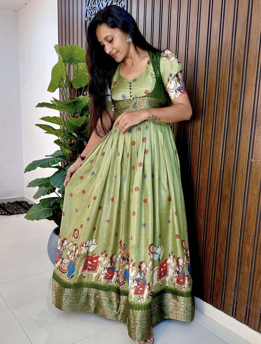 FASHIONABLE SILK DIGITAL PRINT AND JACQUARD HEAVY ZARI WORK GOWN WITH KOTI FESTIVAL WEAR WHOLESALE PRICE ETHNIC GARMENT (4)
