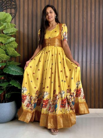 ATTRACTIVE CHINON SILLK DIGITAL PRINT WITH BORDER DESIGN & FANCY LATKAN DORE WORK LEHENGA CHOLI WITH DUPATTA YELLOW