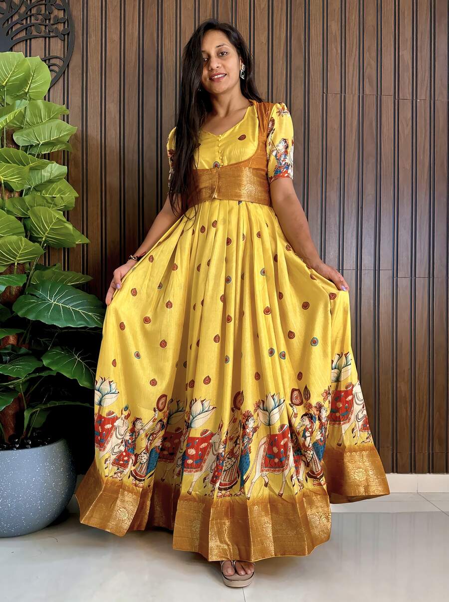 FASHIONABLE SILK DIGITAL PRINT AND JACQUARD HEAVY ZARI WORK GOWN WITH KOTI FESTIVAL WEAR WHOLESALE PRICE ETHNIC GARMENT (5)
