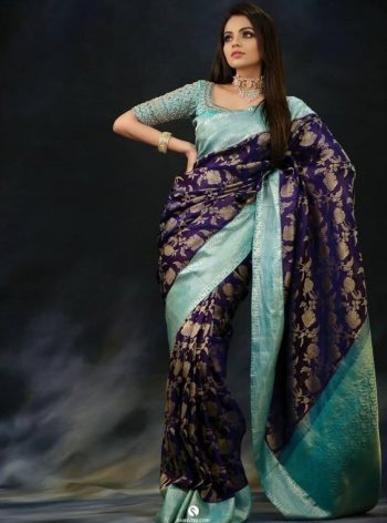 FASHIONABLE  SOFT LICHI SILK CLOTH JACQUARD WORK  SAREE WITH UNSTITCHED BLOUSE  NAVY BLUE