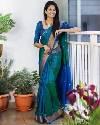 FASHIONABLE  SOFT LICHI SILK JACQUARD WORK SAREE WITH UNSTITCHED BLOUSE RAMA