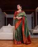 FASHIONABLE SOFT LICHI SILK JACQUARD WORK SAREE WITH UNSTITCHED BLOUSE GREEN