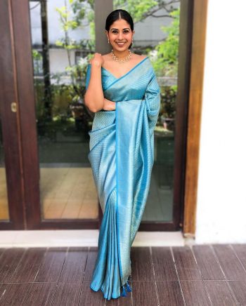 FASHIONABLE SOFT LICHI SILK JACQUARD WORK SAREE WITH UNSTITCHED BLOUSE SKY