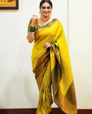 FASHIONABLE SOFT LICHI SILK JACQUARD WORK SAREE WITH UNSTITCHED BLOUSE LEMON