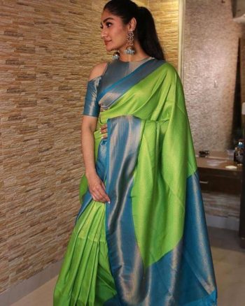 FASHIONABLE SOFT LICHI SILK JACQUARD WORK SAREE WITH UNSTITCHED BLOUSE PARROT GREEN