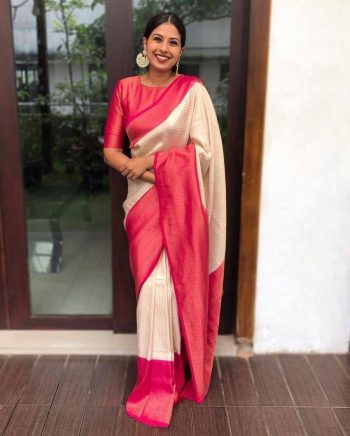 FASHIONABLE SOFT LICHI SILK JACQUARD WORK SAREE WITH UNSTITCHED BLOUSE OFF WHITE