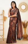 FASHIONABLE SOFT LICHI SILK JACQUARD WORK SAREE WITH UNSTITCHED BLOUSE BROWN