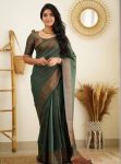 FASHIONABLE SOFT LICHI SILK JACQUARD WORK SAREE WITH UNSTITCHED BLOUSE GREEN