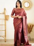 FASHIONABLE SOFT LICHI SILK JACQUARD WORK SAREE WITH UNSTITCHED BLOUSE BROWN