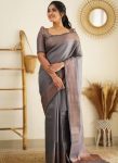 FASHIONABLE SOFT LICHI SILK JACQUARD WORK SAREE WITH UNSTITCHED BLOUSE GREY