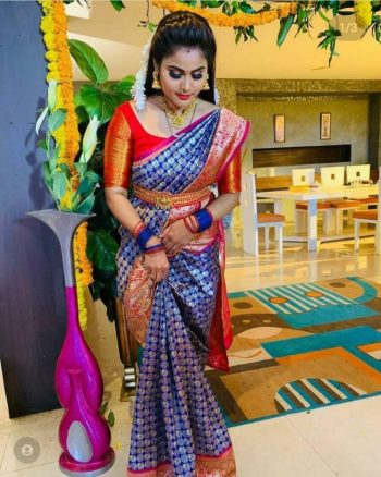 FASHIONABLE SOFT LICHI SILK JACQUARD WORK  SAREE WITH UNSTITCHED BLOUSE BLUE