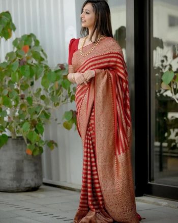 FASHIONABLE SOFT LICHI SILK JACQUARD WORK SAREE WITH UNSTITCHED BLOUSE RED
