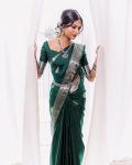FASHIONABLE  SOFT LICHI SILK JACQUARD WORK  SAREE WITH UNSTITCHED BLOUSE GREEN