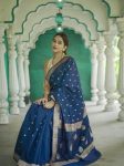 FASHIONABLE SOFT LINEN SLAB JACQUARD WORK SAREE WITH UNSTITCHED BLOUSE NAVY BLUE