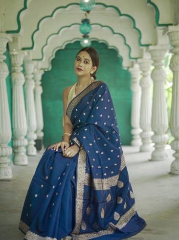 FASHIONABLE SOFT LINEN SLAB JACQUARD WORK SAREE WITH UNSTITCHED BLOUSE NAVY BLUE