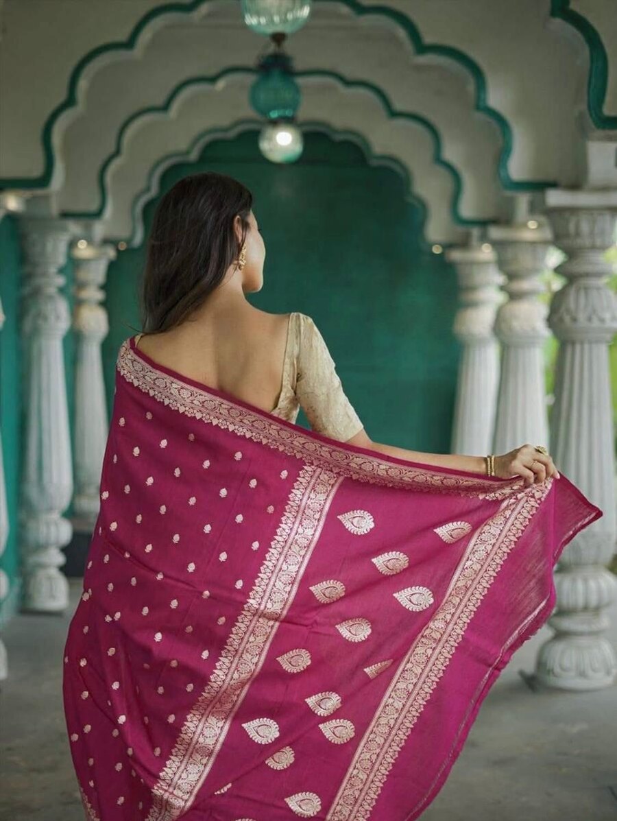 FASHIONABLE SOFT LINEN SLAB JACQUARD WORK SAREE WITH UNSTITCHED BLOUSE PARTY WEAR WHOLESALE PRICE ETHNIC GARMENT (4)
