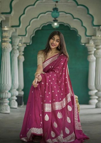 FASHIONABLE SOFT LINEN SLAB JACQUARD WORK SAREE WITH UNSTITCHED BLOUSE WINE