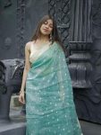 FASHIONABLE SOFT LINEN SLAB JACQUARD WORK SAREE WITH UNSTITCHED BLOUSE PARTY WEAR WHOLESALE PRICE ETHNIC GARMENT (9)