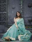 FASHIONABLE SOFT LINEN SLAB JACQUARD WORK SAREE WITH UNSTITCHED BLOUSE PARTY WEAR WHOLESALE PRICE ETHNIC GARMENT (9)