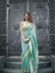 FASHIONABLE SOFT LINEN SLAB JACQUARD WORK SAREE WITH UNSTITCHED BLOUSE SKY