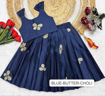 FASHIONABLE TAFFETA SILK EMBROIDERY BUTTERFLY WORK KID'S TOP LEHENGA NAVY BLUE