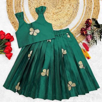FASHIONABLE TAFFETA SILK EMBROIDERY BUTTERFLY WORK KID'S TOP LEHENGA GREEN