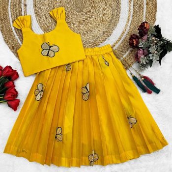 FASHIONABLE TAFFETA SILK EMBROIDERY BUTTERFLY WORK KID'S TOP LEHENGA YELLOW