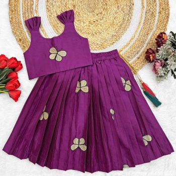FASHIONABLE TAFFETA SILK EMBROIDERY BUTTERFLY WORK KID'S TOP LEHENGA PURPLE