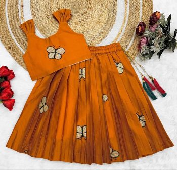 FASHIONABLE TAFFETA SILK EMBROIDERY BUTTERFLY WORK KID'S TOP LEHENGA MUSTARD