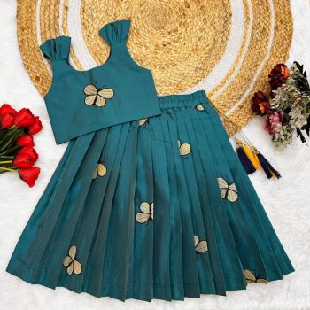 FASHIONABLE TAFFETA SILK EMBROIDERY BUTTERFLY WORK KID'S TOP LEHENGA RAMA
