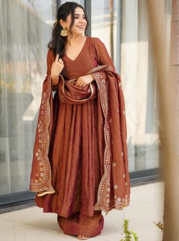 FASHIONABLE VISCOSE CHINON PLAIN TOP PALAZZO WITH DUPATTA  SEQUENCE CODING EMBROIDERY WORK DUPATTA BROWN