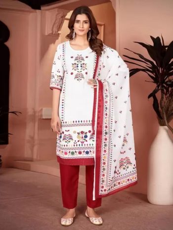 FESTIVAL WEAR MUSLIN PRINT WITH HANDWORK AND SEQUENCE WORK TOP BOTTOM WITH DUPATTA WHITE WITH MAROON