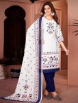FESTIVAL WEAR MUSLIN PRINT WITH HANDWORK AND SEQUENCE WORK TOP BOTTOM WITH DUPATTA WHITE WITH NAVY BLUE