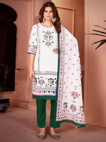 FESTIVAL WEAR MUSLIN PRINT WITH HANDWORK AND SEQUENCE WORK TOP BOTTOM WITH DUPATTA WHITE WITH GREEN