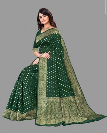 GEORGEOUS LICHI SILK JACQUARD WORK SAREE WITH UNSTITCHED BLOUSE GREEN