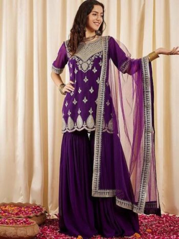 DESIGNER GEORGETTE EMBROIDERY SEQUENCE WORK TOP PALAZZO WITH DUPATTA PURPLE